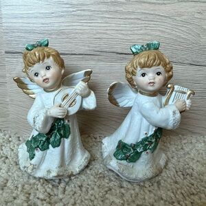 Charming Angel Figurines Vintage Set of 2 – Musicians with Harp & Mandolin 4.5”